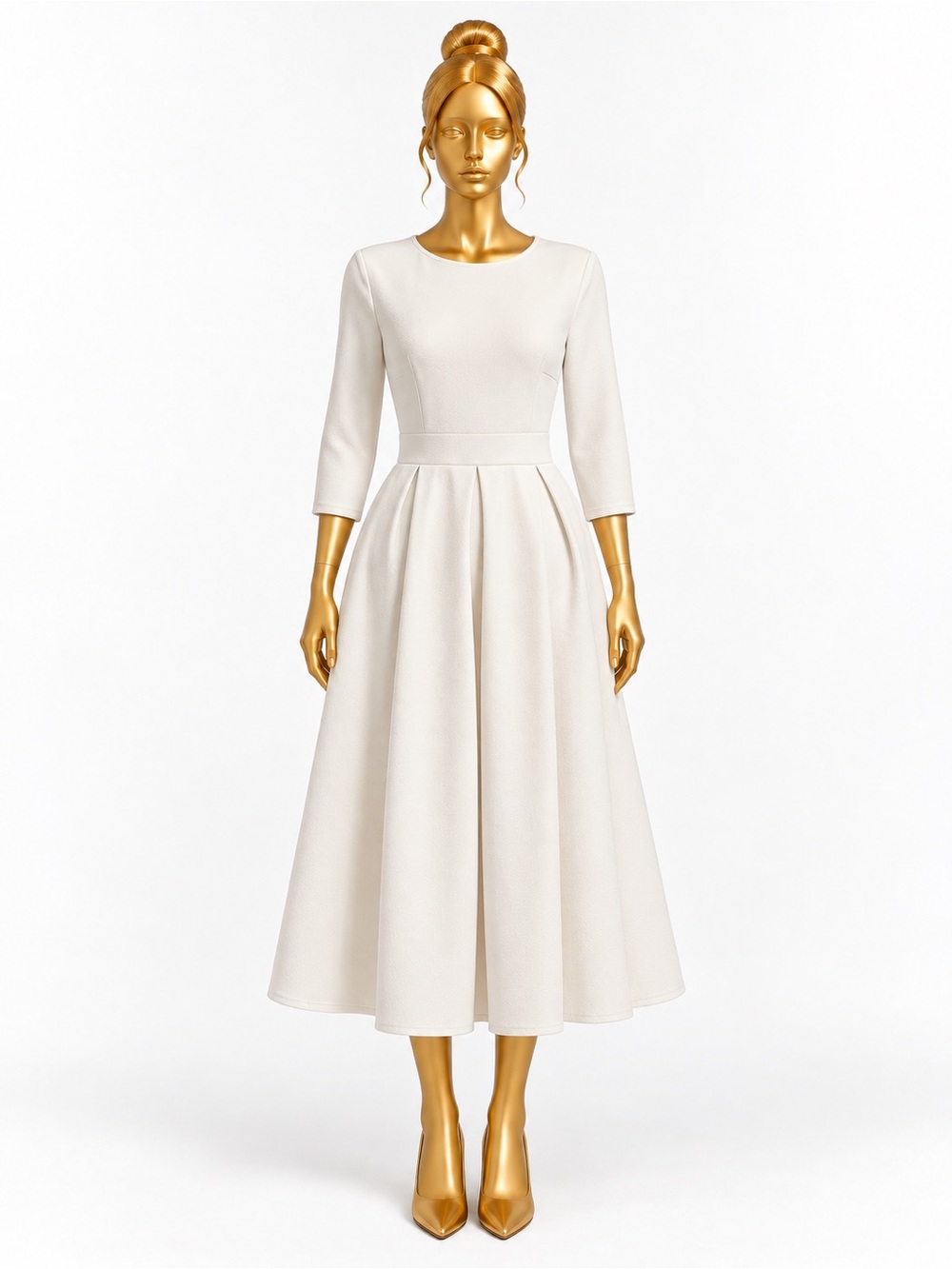 SHEIN Large Ivory Fit & Flare Midi Dress Pockets Back Zip 3/4 Sleeve